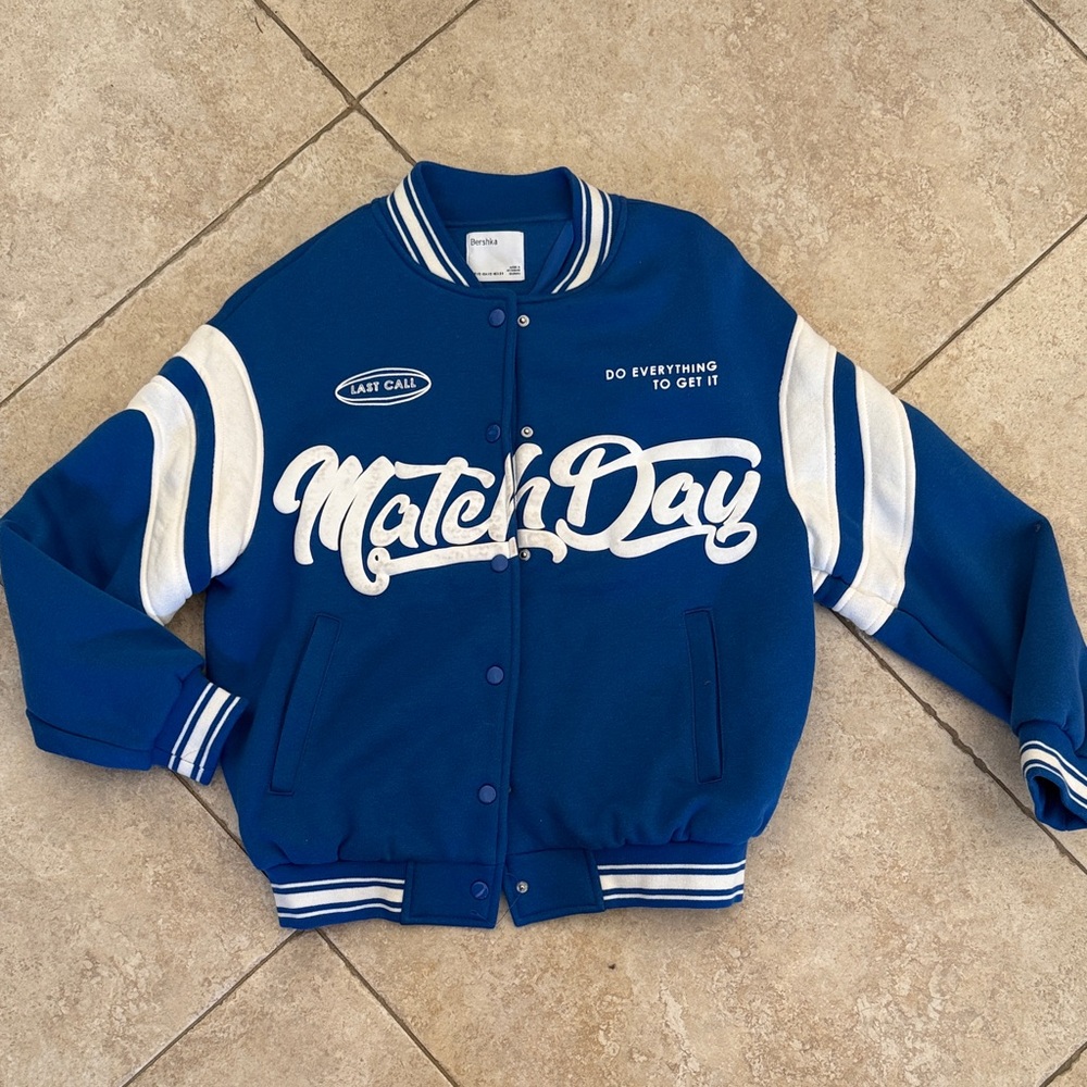 Bershka Blue and White Match Day Varsity/ Bomber Jacket